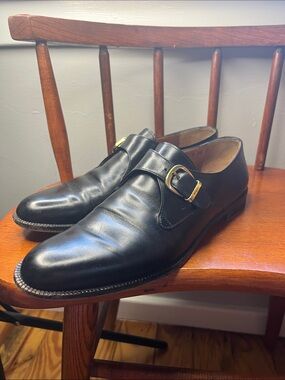Salvatore Ferragamo Black Leather Monk Strap Dress Shoes Gold Buckle Size 9 AAA